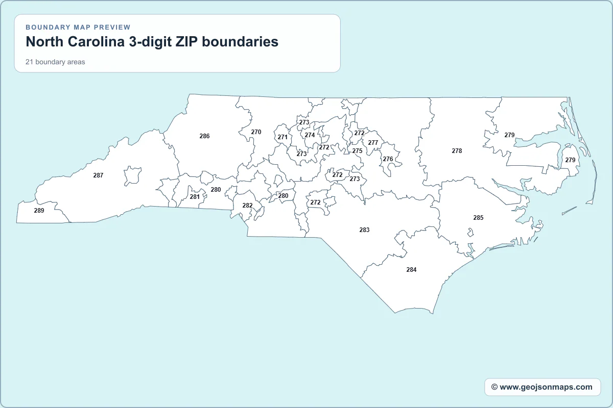 Preview of North Carolina 3-digit ZIP boundaries map