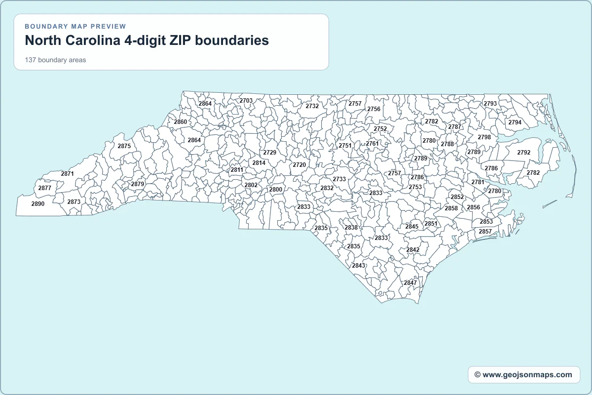 Preview of North Carolina 4-digit ZIP boundaries map
