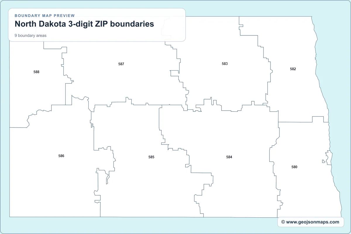 Preview of North Dakota 3-digit ZIP boundaries map