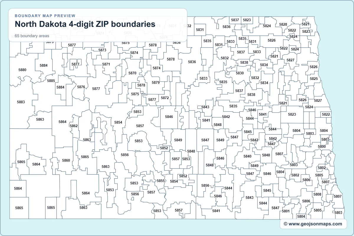 Preview of North Dakota 4-digit ZIP boundaries map