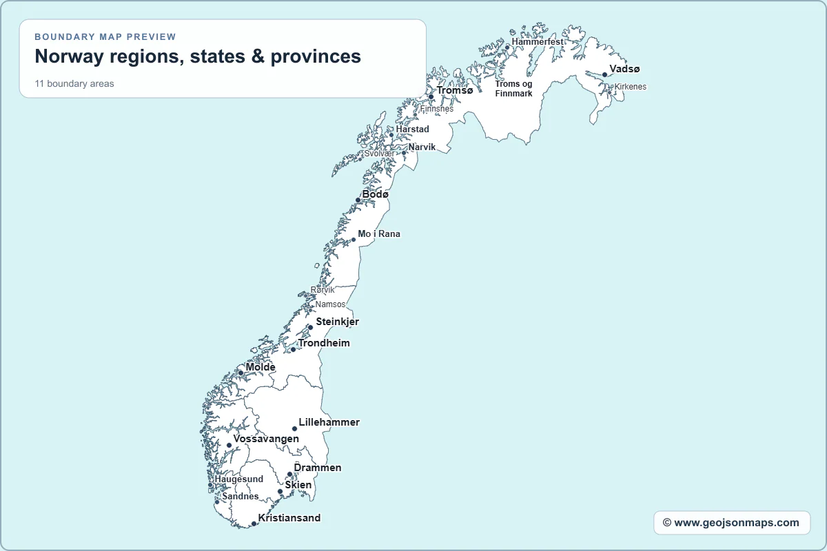 Preview of Norway regions, states & provinces map