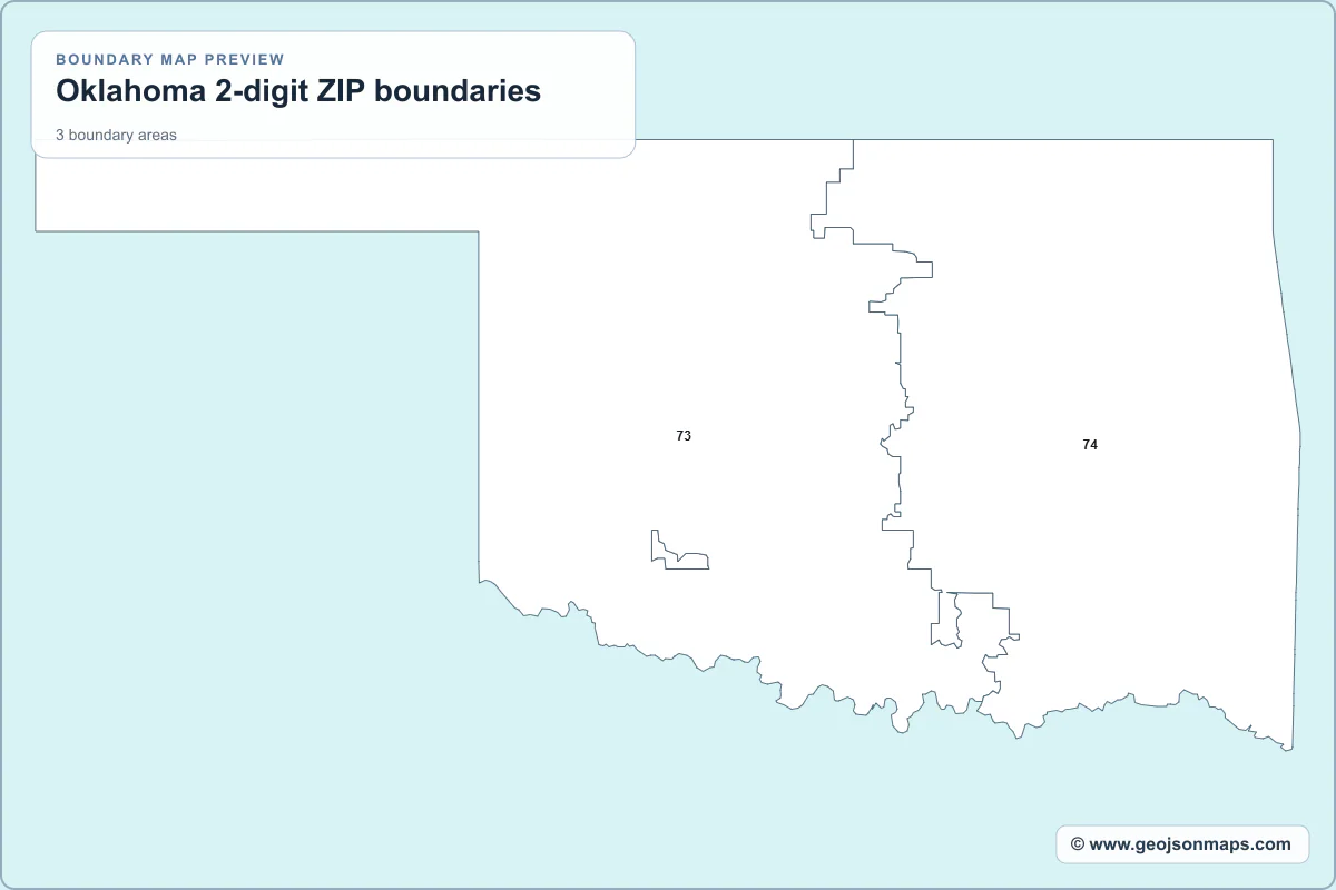 Preview of Oklahoma 2-digit ZIP boundaries map
