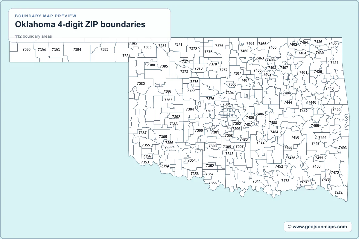 Preview of Oklahoma 4-digit ZIP boundaries map
