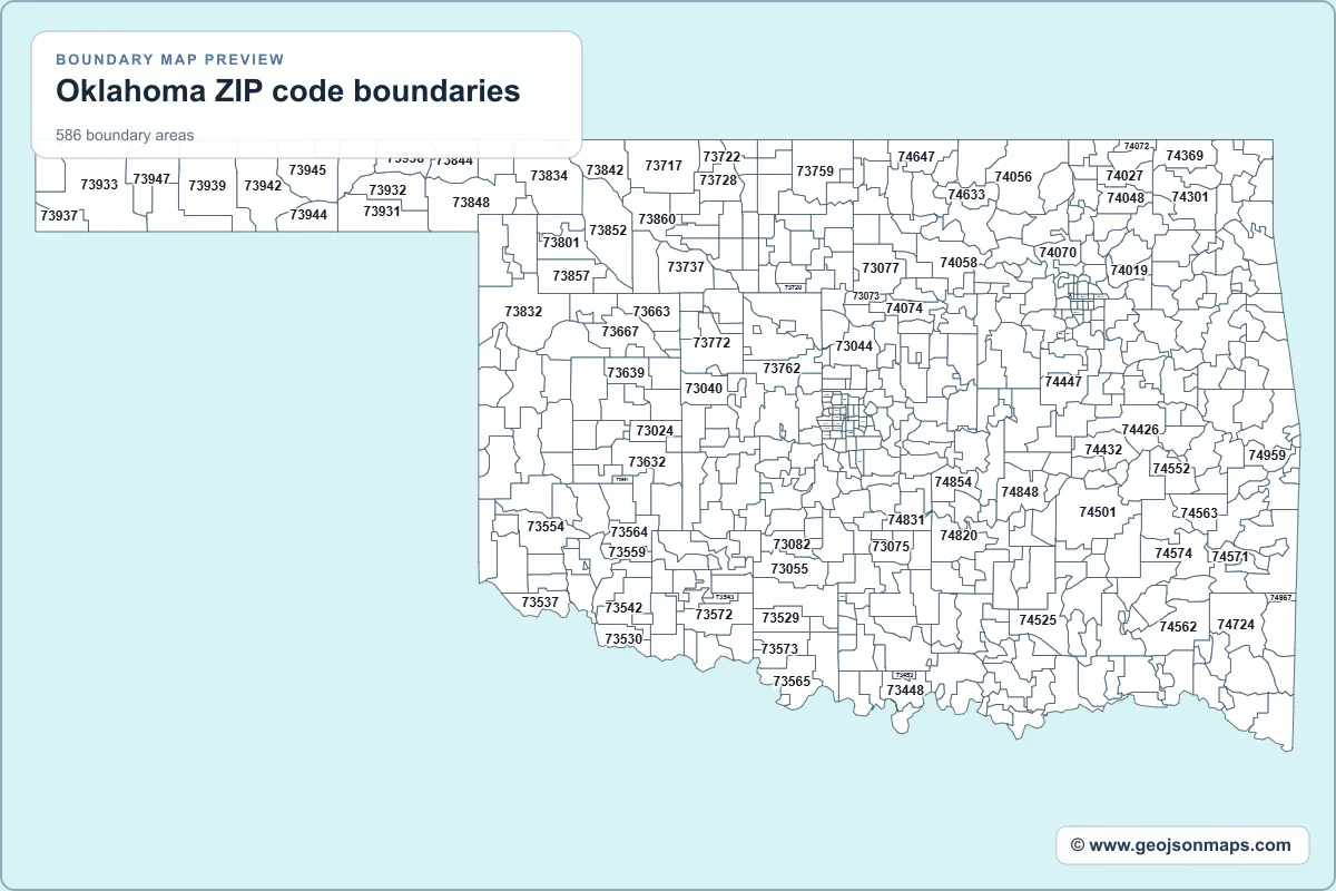 Preview of Oklahoma ZIP code boundaries map
