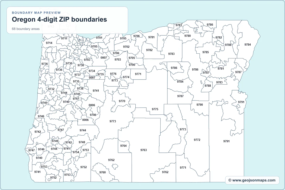 Preview of Oregon 4-digit ZIP boundaries map