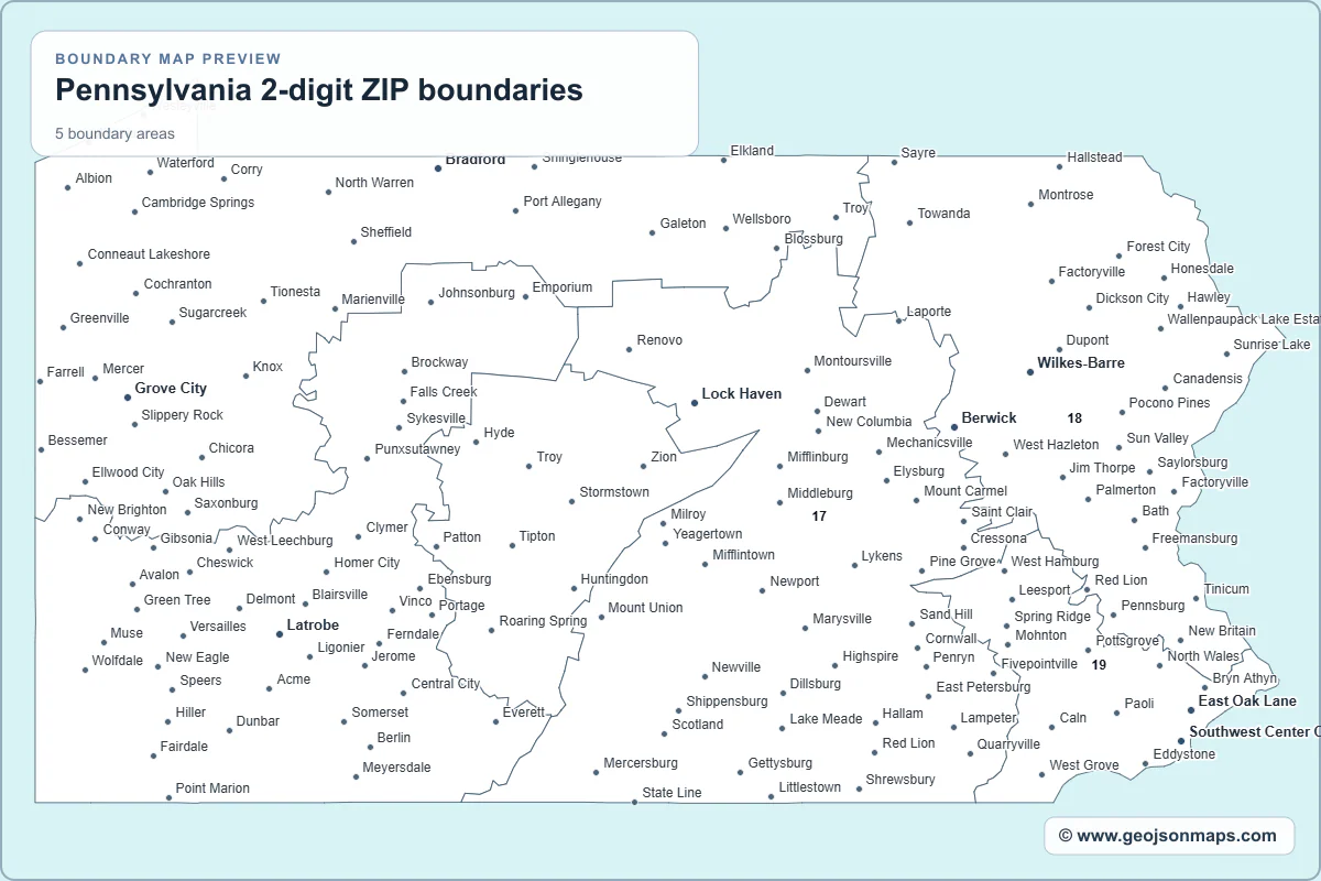 Preview of Pennsylvania 2-digit ZIP boundaries map