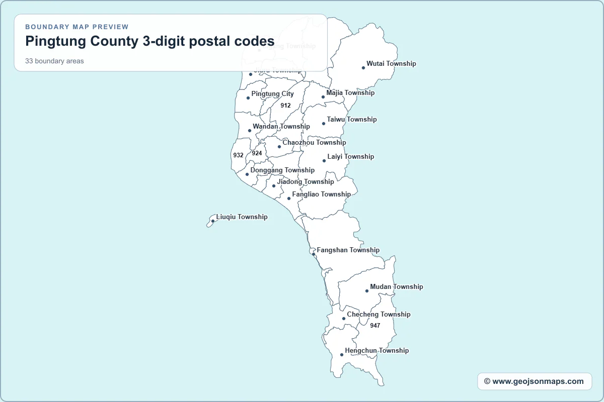 Preview of Pingtung County 3-digit postal codes map