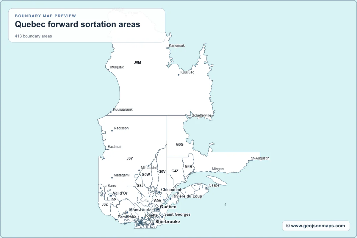 Preview of Quebec forward sortation areas map