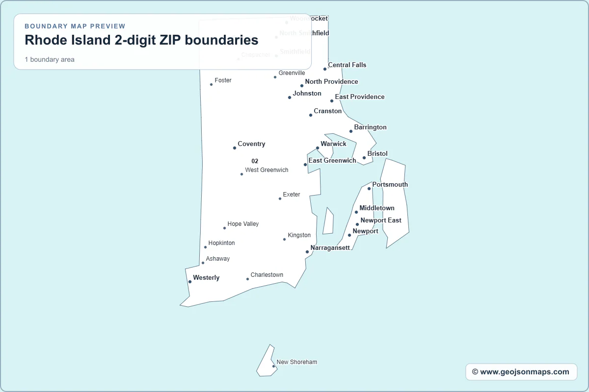 Preview of Rhode Island 2-digit ZIP boundaries map