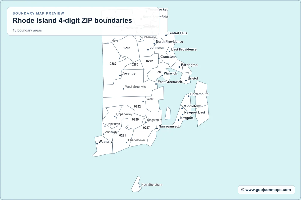 Preview of Rhode Island 4-digit ZIP boundaries map