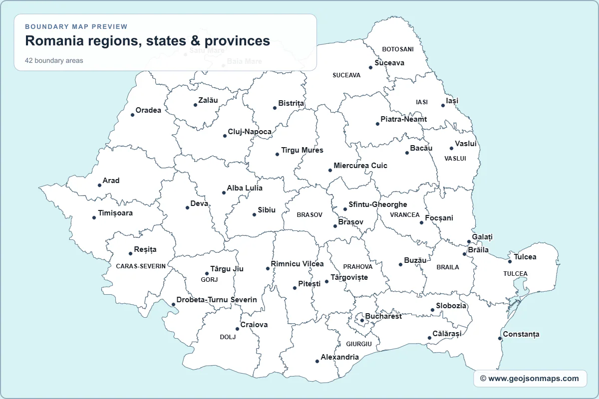 Preview of Romania regions, states & provinces map