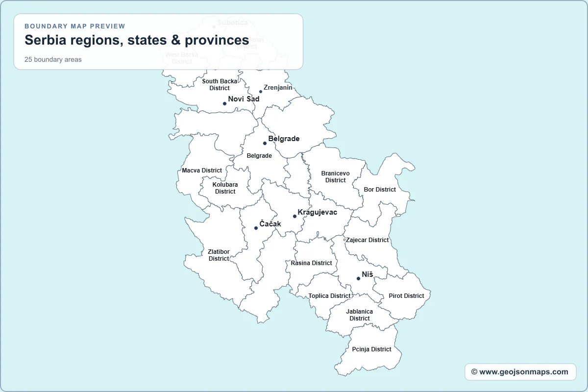 Preview of Serbia regions, states & provinces map