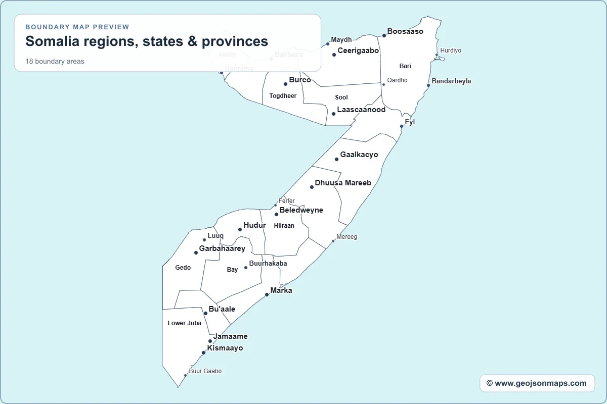 Preview of Somalia regions, states & provinces map