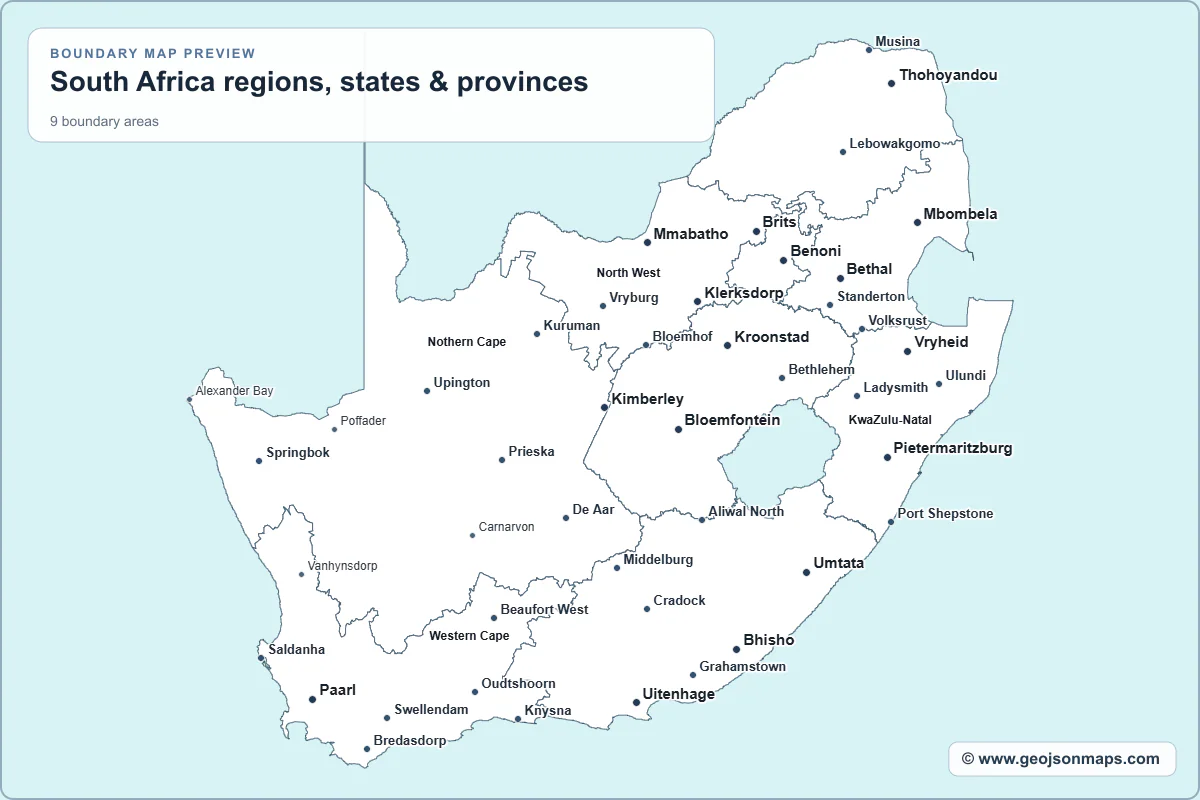 Preview of South Africa regions, states & provinces map