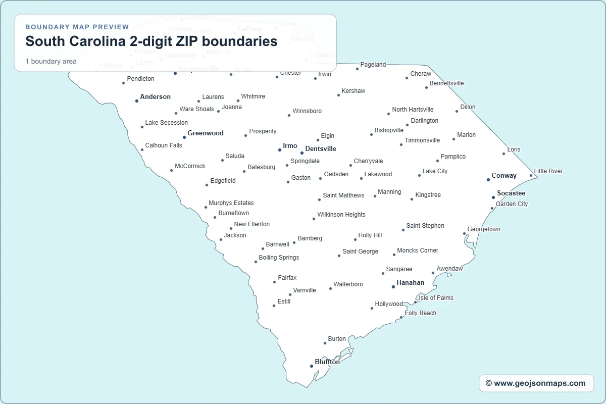 Preview of South Carolina 2-digit ZIP boundaries map