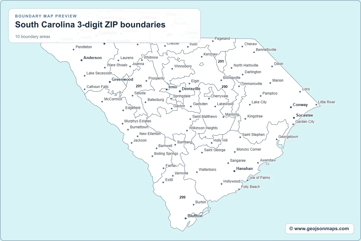 Preview of South Carolina 3-digit ZIP boundaries map