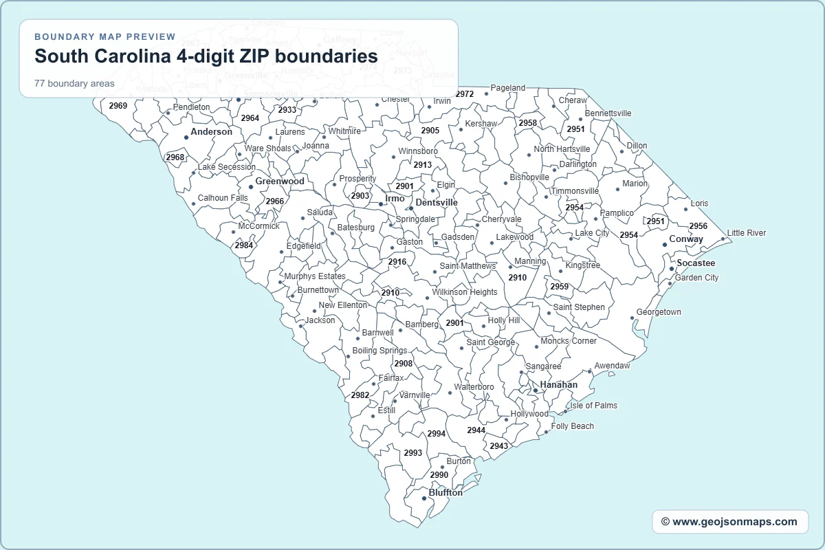 Preview of South Carolina 4-digit ZIP boundaries map