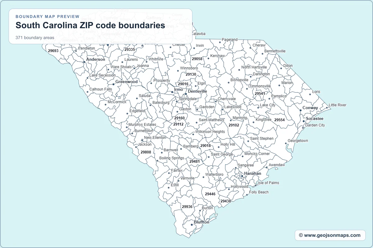 Preview of South Carolina ZIP code boundaries map