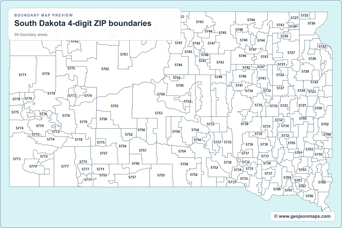 Preview of South Dakota 4-digit ZIP boundaries map