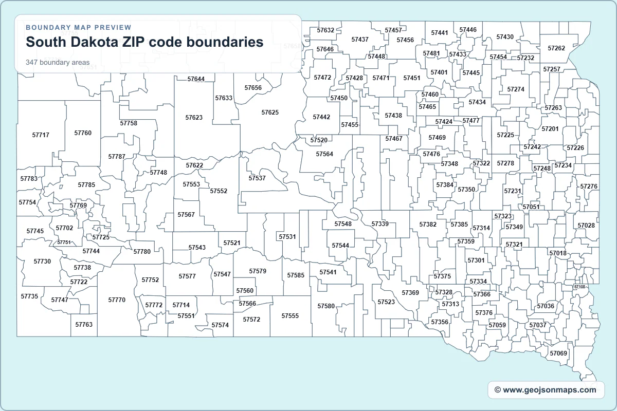 Preview of South Dakota ZIP code boundaries map