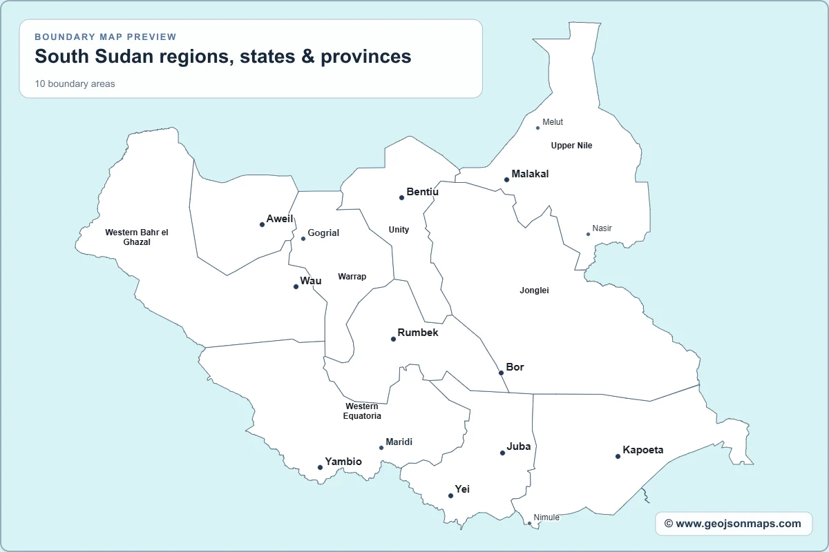Preview of South Sudan regions, states & provinces map