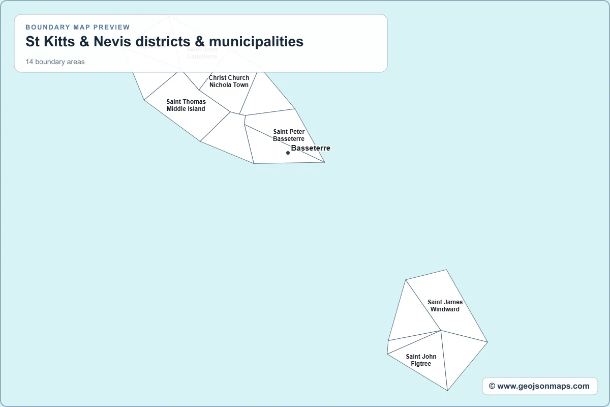 Preview of St Kitts & Nevis districts & municipalities map