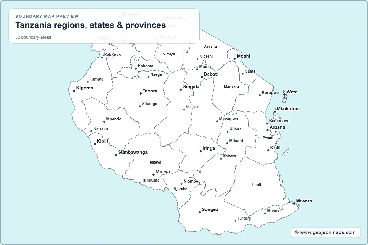 Preview of Tanzania regions, states & provinces map
