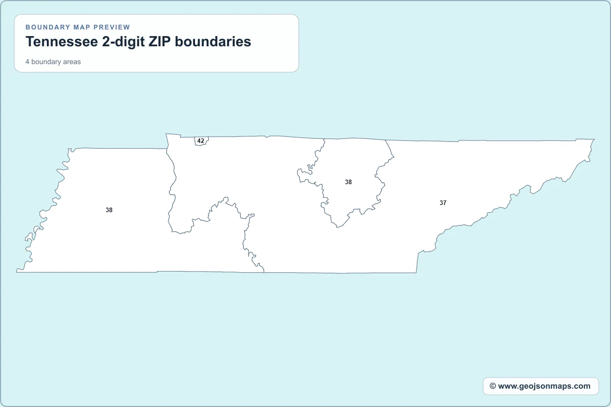 Preview of Tennessee 2-digit ZIP boundaries map