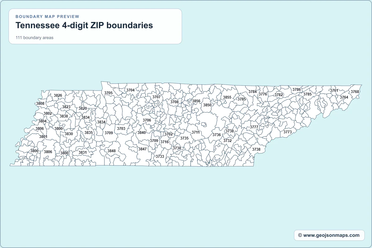 Preview of Tennessee 4-digit ZIP boundaries map