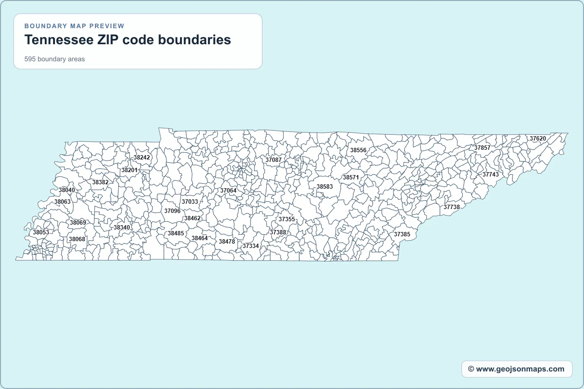 Preview of Tennessee ZIP code boundaries map