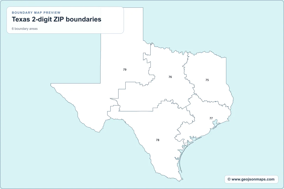 Preview of Texas 2-digit ZIP boundaries map