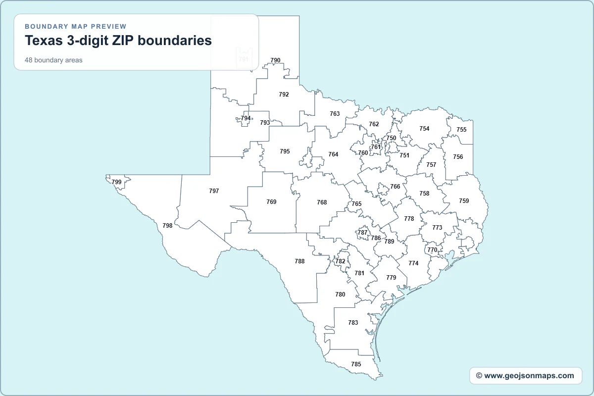 Preview of Texas 3-digit ZIP boundaries map