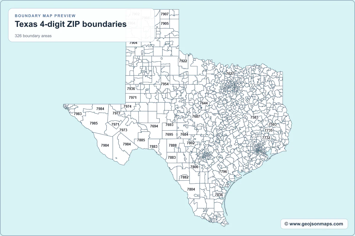 Preview of Texas 4-digit ZIP boundaries map