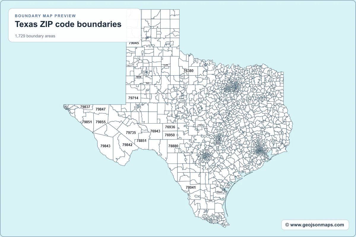 Preview of Texas ZIP code boundaries map