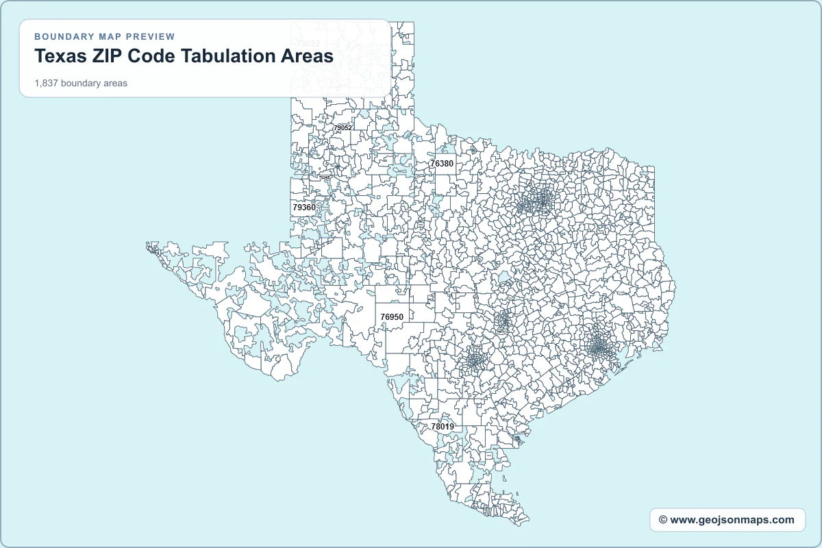 Preview of Texas ZIP Code Tabulation Areas map