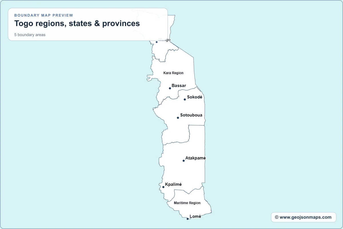 Preview of Togo regions, states & provinces map