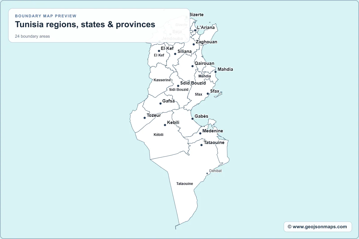 Preview of Tunisia regions, states & provinces map