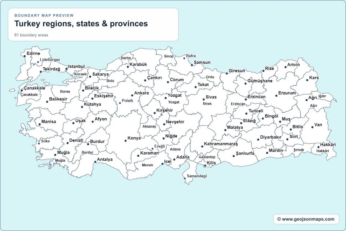 Preview of Turkey regions, states & provinces map