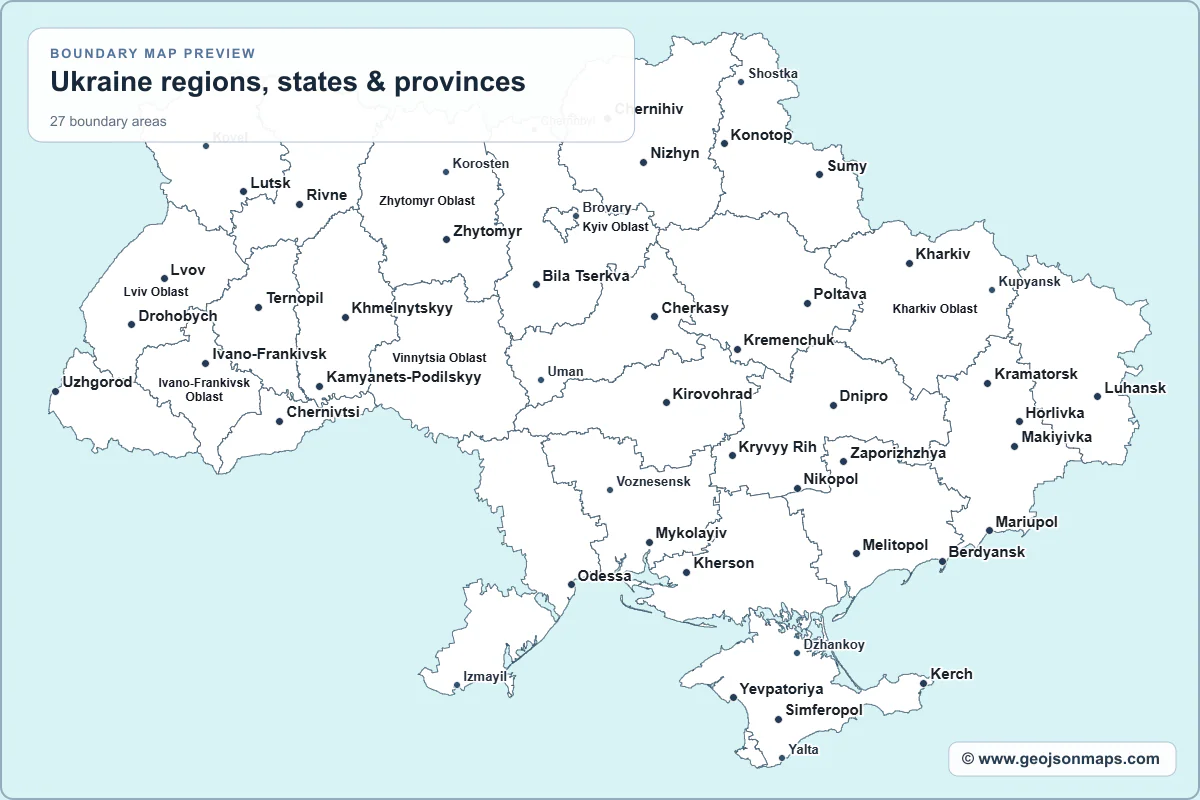 Preview of Ukraine regions, states & provinces map