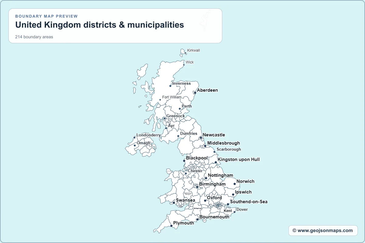 Preview of United Kingdom districts & municipalities map
