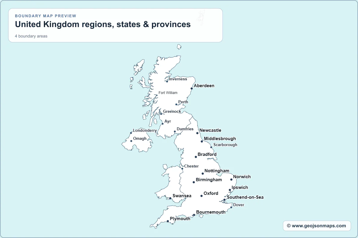 Preview of United Kingdom regions, states & provinces map
