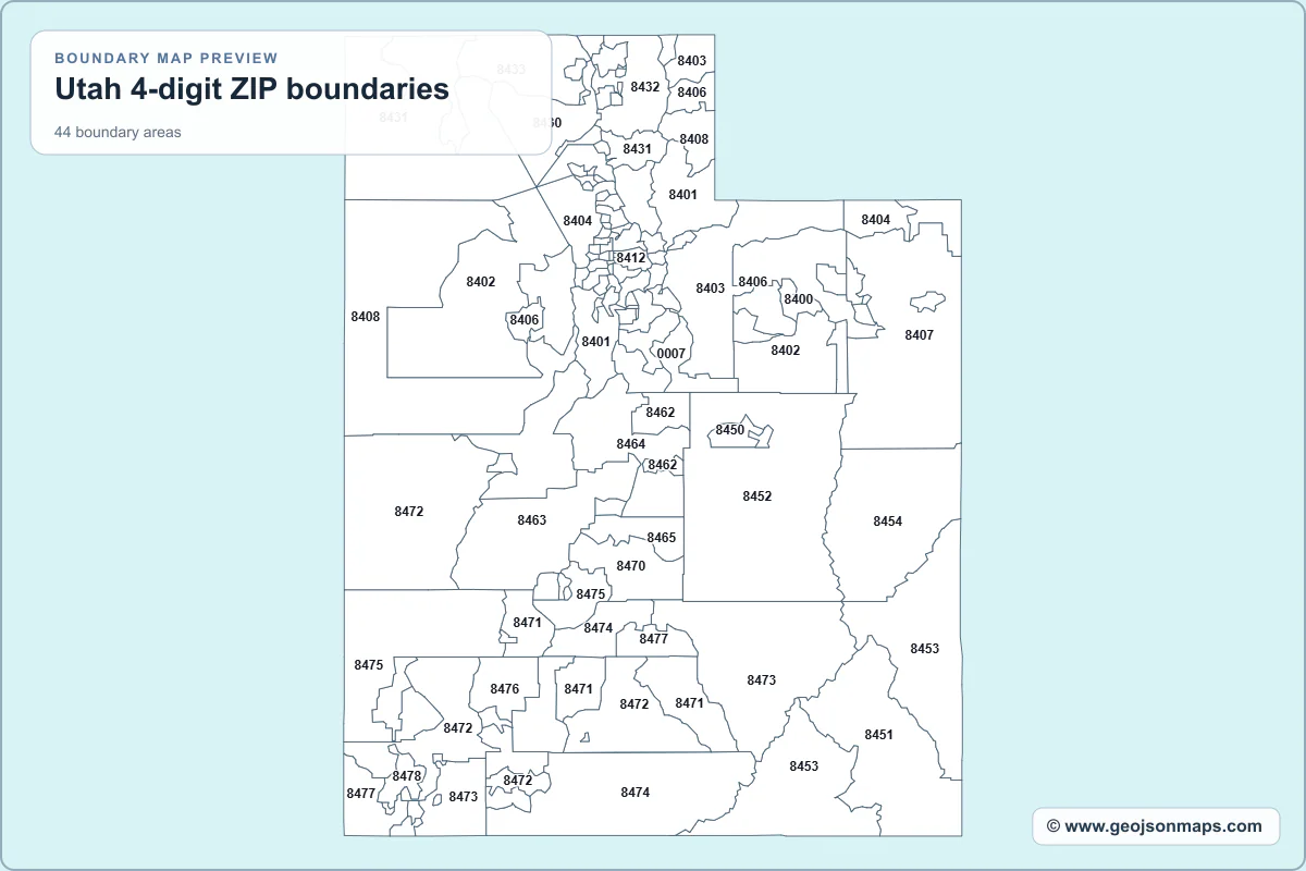 Preview of Utah 4-digit ZIP boundaries map