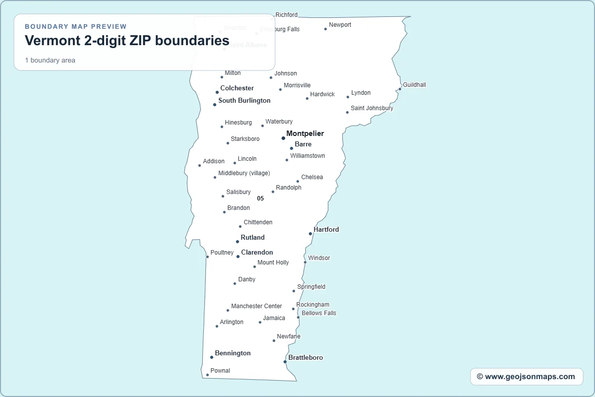 Preview of Vermont 2-digit ZIP boundaries map