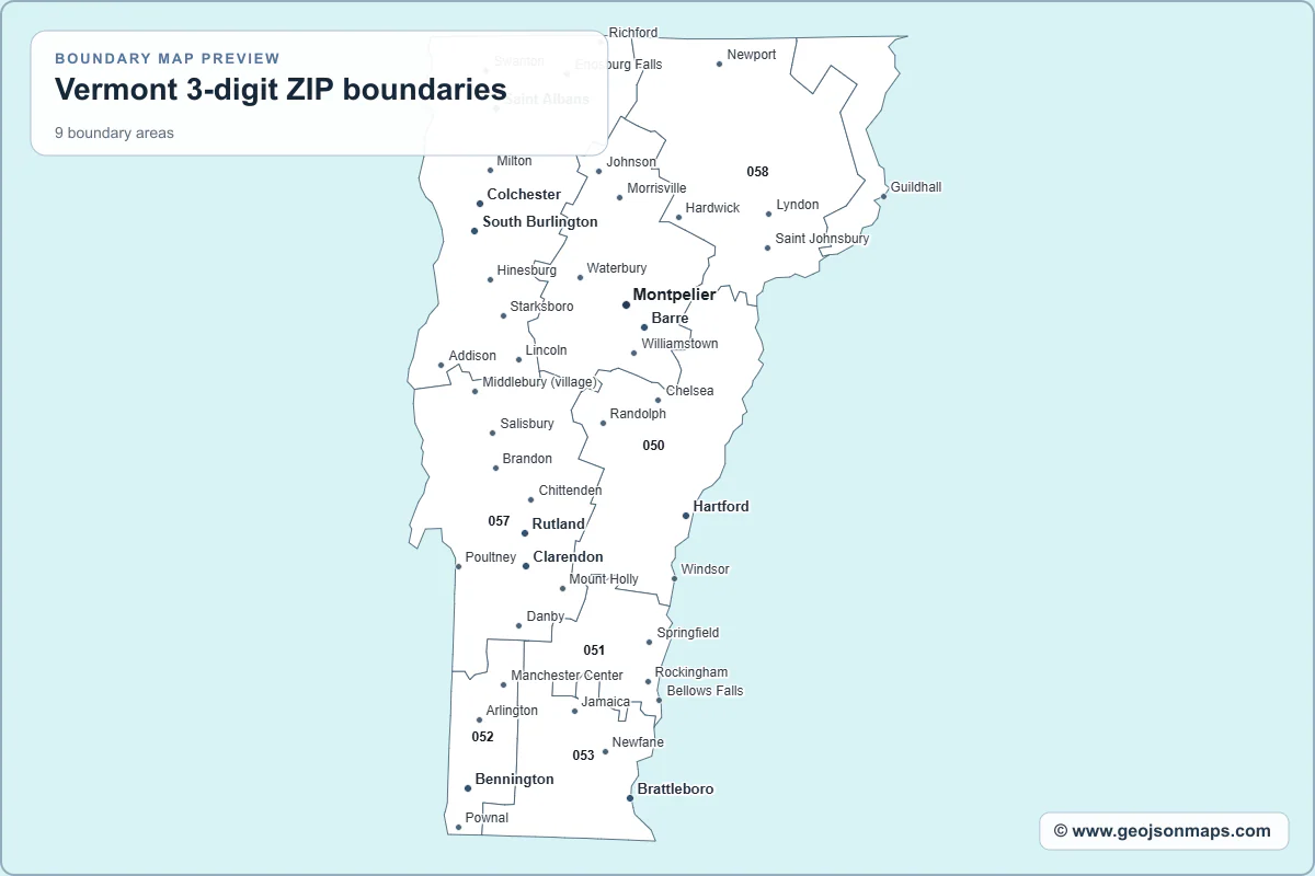 Preview of Vermont 3-digit ZIP boundaries map