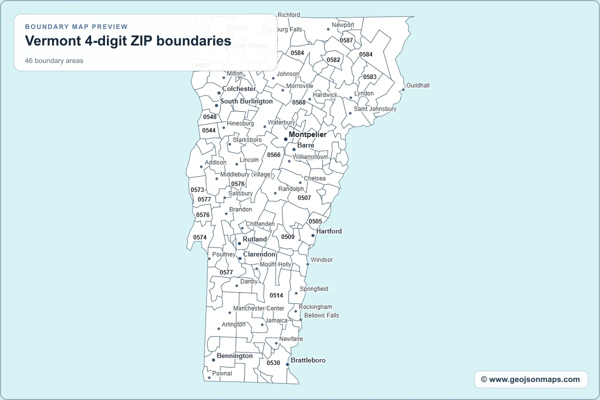 Preview of Vermont 4-digit ZIP boundaries map