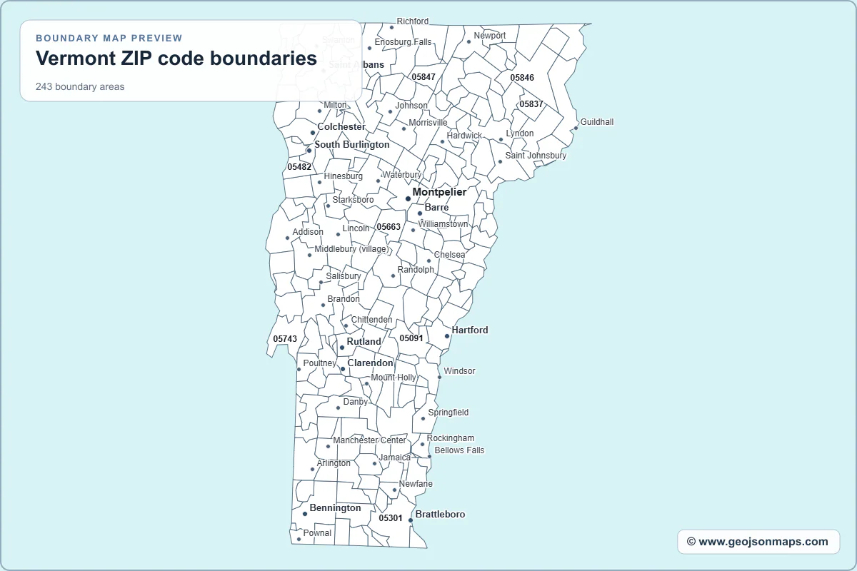 Preview of Vermont ZIP code boundaries map