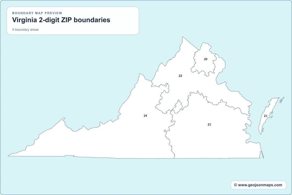 Preview of Virginia 2-digit ZIP boundaries map