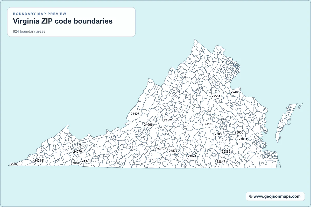 Preview of Virginia ZIP code boundaries map