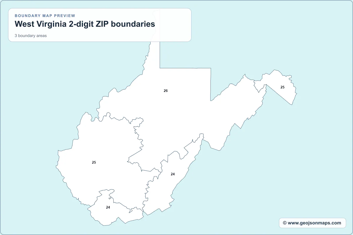 Preview of West Virginia 2-digit ZIP boundaries map