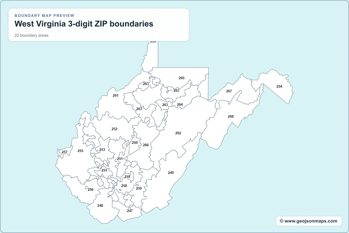 Preview of West Virginia 3-digit ZIP boundaries map
